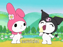 a cartoon of my melody and kuromi standing next to each other with the word samiciel above them