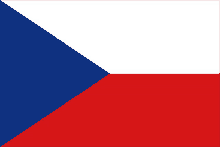 a red white and blue flag with a blue triangle in the middle