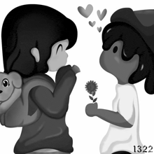 a black and white drawing of a boy holding a dog and a girl holding a flower