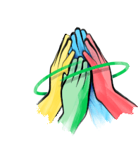 a drawing of a group of hands with a green ring around them