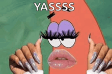 a woman with long nails is holding a picture of patrick from spongebob squarepants with a fake face .