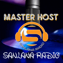 a poster for sanlana radio with a microphone and headphones