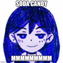 a drawing of a girl with blue hair and a caption that says soda candy mmmmmmmmmm