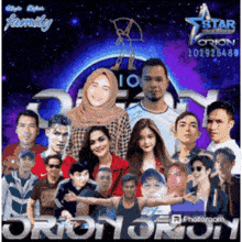 a group of people posing for a picture with the words orion orion in the middle