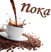 a cup of coffee is poured into a saucer surrounded by coffee beans with the word moka above it