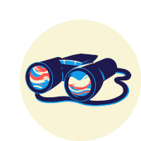 a pair of binoculars with red white and blue lenses on a white circle