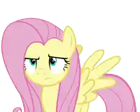 a cartoon pony with pink hair and yellow wings looks sad