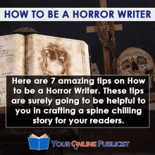 how to be a horror writer with a book and skulls in the background