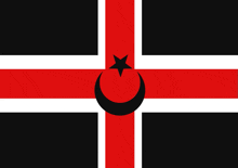 a black white and red flag with a crescent moon and star