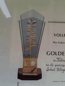 a trophy that says golde on it next to a paper