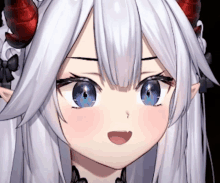 a close up of a girl 's face with horns and white hair