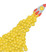 a rocket is being launched with a bunch of gold coins on it