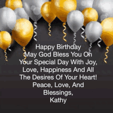 a birthday card with gold and silver balloons and the name kathy