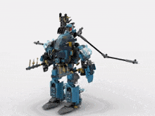 a lego robot with a sword and a spear on its back