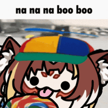 a cartoon of a girl wearing a colorful hat with the words na na na boo boo below it