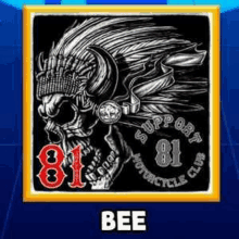 a picture of a skull wearing a native american headdress with the name bee .