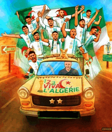 a group of soccer players are riding in a car that says 123 viva l' algerie