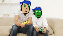 a man and a boy are playing a video game with pixelated faces