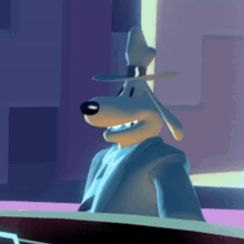 a cartoon dog wearing a suit and hat is smiling