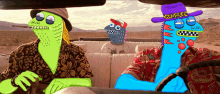 three cartoon characters are sitting in a car with one wearing a purple hat that says ' aa ' on it