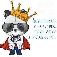 a panda bear wearing a cape and a crown for national doctors day