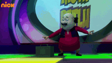 a cartoon character is dancing in front of a sign that says nick