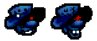 a pixel art drawing of a blue elephant with a red eye and a red nose .