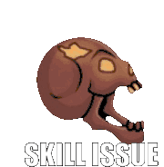 a pixel art drawing of a skull with the words skill issue written below it