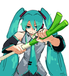 a drawing of hatsune miku holding a green stick with the letter t on it