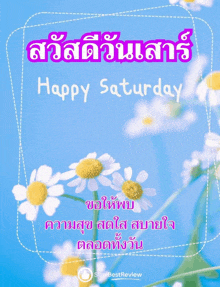 a blue background with white flowers and the words happy saturday