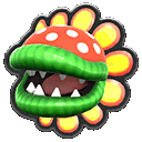 a cartoon sticker of a plant with sharp teeth and a mushroom on it .