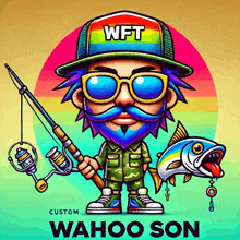 a cartoon of a man holding a fishing rod and a fish with the name wahoo son on it