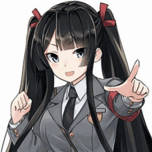 a girl with long black hair and pigtails is wearing a suit and tie and giving a thumbs up .