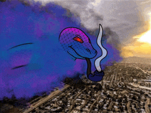 a drawing of a snake smoking a pipe with purple smoke coming out of it