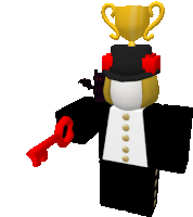 a cartoon character with a top hat and a trophy on top of his head