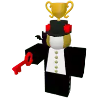 a cartoon character with a top hat and a trophy on top of his head