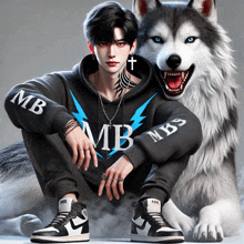 a man wearing a hoodie that says mb sits next to a wolf