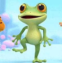 a frog is standing on one leg and smiling