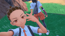 a girl in a blue shirt and tie is taking a selfie in a video game