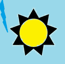 a yellow sun with black rays and a blue lightning bolt behind it