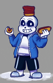 a drawing of sans holding a hot dog and pancakes