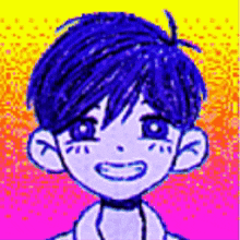 a pixel art drawing of a boy with blue hair and a pink background .