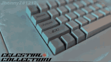 a close up of a keyboard with the words celestial collections on the bottom