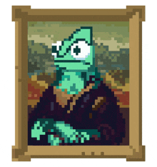 a pixel art painting of a chameleon in a painting frame