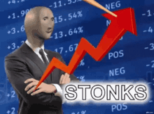 a man in a suit and tie is standing in front of a stock chart that says stoniks