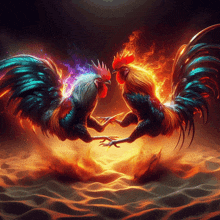 two roosters are standing next to each other with flames coming out of their heads