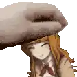 a hand is putting a hat on a girl 's head in a pixel art style .