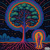 a colorful painting of a tree and a man with pixiz in the bottom right corner