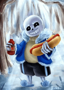 a drawing of a skeleton holding a hotdog and a bottle of ketchup