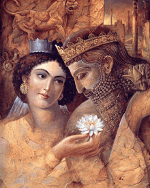 a painting of a man and a woman with a flower